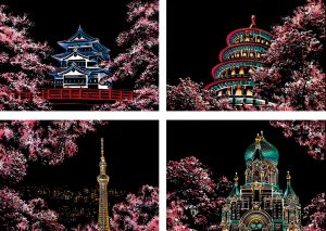 Раскраска по цифрам Скретч-набор из 4-х картин "Cherry Blossom"